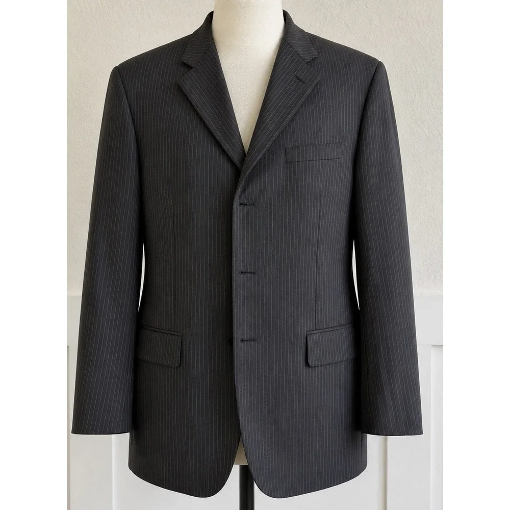 Ermenegildo Zegna Pinstripe Wool Silk Suit Jacket Blazer Gray Blue Mens 36 46L